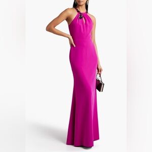 Marchesa Fuchsia Halter-Neck Maxi Gown with Embellished Neck